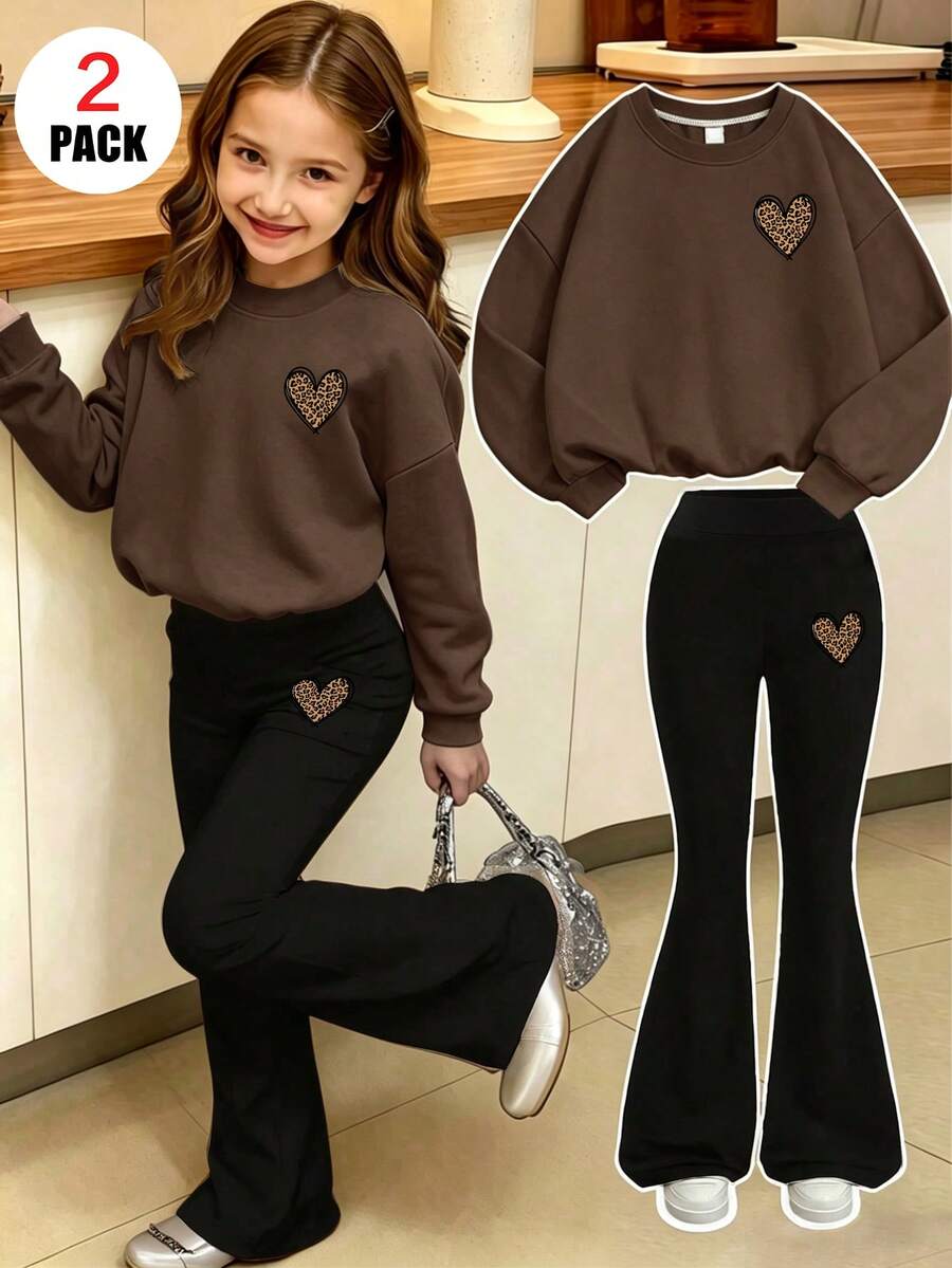 Tween Girls Clothing, Black Crew Neck Sweatshirt And Black Flare Pants Set, Leopard Print, Suitable For Autumn/Winter Wear - Multicolor - View 1