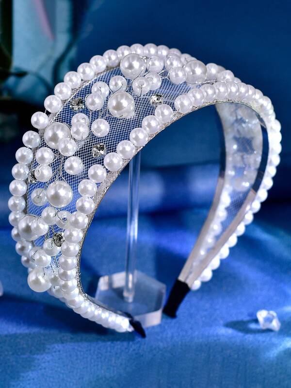 1 Pc Elegant White Faux Pearl Wide Headband With Tiny Rhinestone Mesh Design Bridal Hairband Luxury Prom Banquet Hair Decor For Ladies