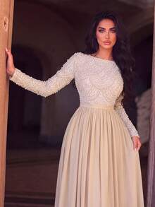 Elegant Women's Long Sleeve Boat Neck Chiffon Evening Gown, Embellished With Sequins And Pearls, Perfect For Formal Occasions And Graduation Proms - Apricot - View 5