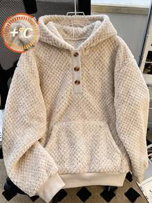 Girls' Casual Fashion Drop Shoulder Loose Fit Solid Color Drawstring Hooded Fleece Sweatshirt, Autumn/Winter - Apricot - View 1