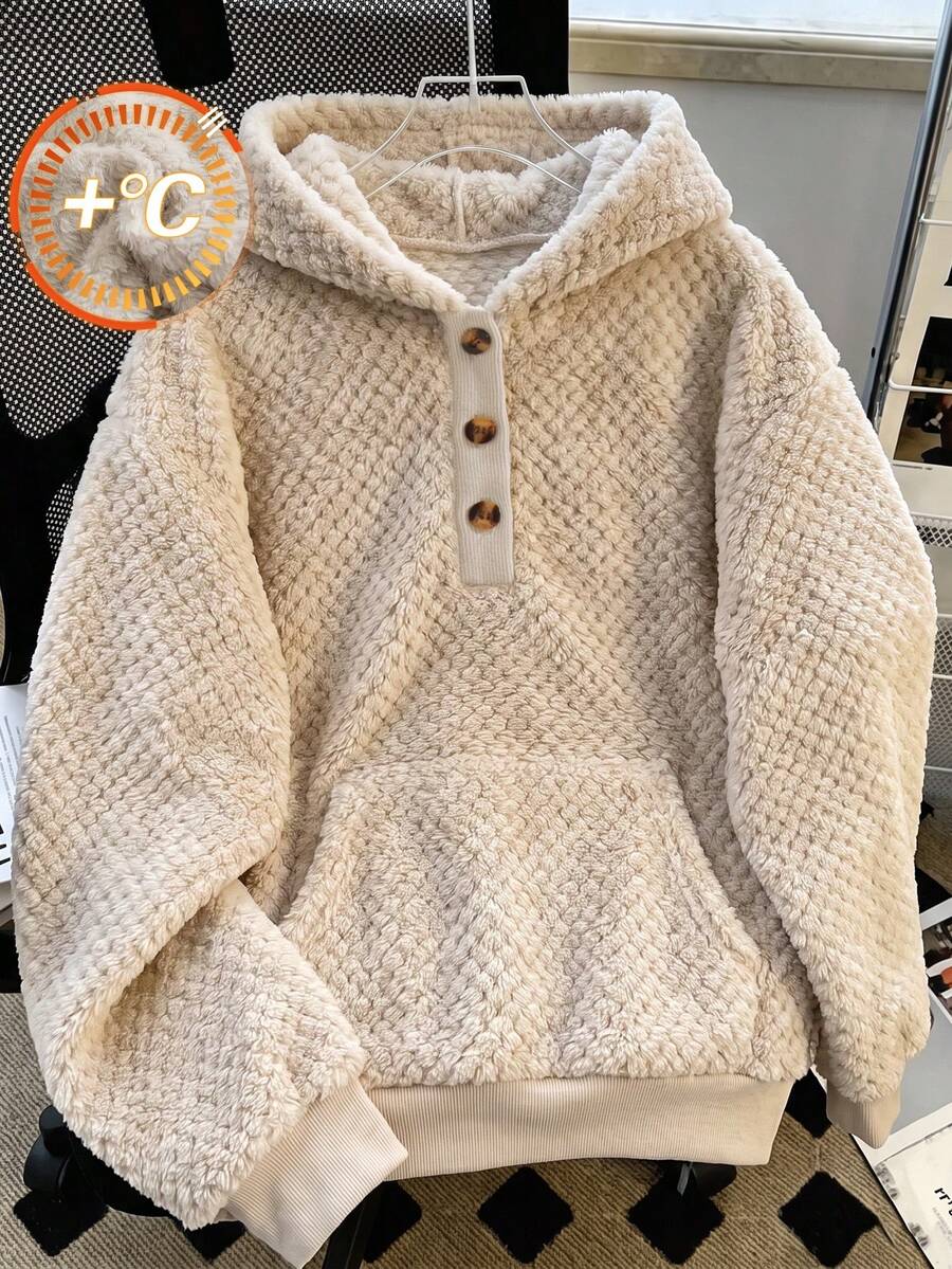 Girls' Casual Fashion Drop Shoulder Loose Fit Solid Color Drawstring Hooded Fleece Sweatshirt, Autumn/Winter - Apricot - View 1