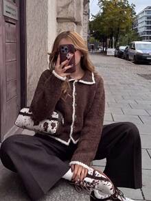 Women's Plush Turn-Down Collar Button-Up Cardigan Knit Jacket, Loose Sweater Coat, Suitable For Autumn/Winter Thanksgiving And Christmas - Coffee Brown - View 6