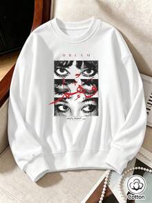 Women's Street Style Eye Print Arabic Letter Graphic Loose Fit Crew Neck Sweatshirt, Breathable Casual Pullover For Spring & Autumn Daily Wear - White - View 1