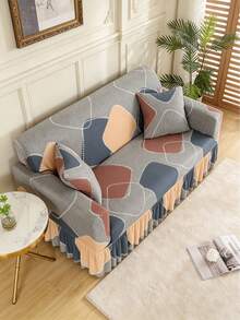 1pc Printed Hem Full Coverage Elastic Sofa Cover, Dust-Proof & Dirt-Resistant, Stretchable One-Piece Full Coverage Sofa Protector, Living Room Home Decor, Machine Washable - Grey - View 2
