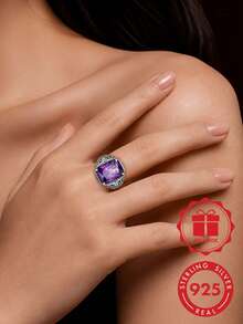 S925 Sterling Silver Vintage Scroll Carved Square Purple Zirconia Men's Wide Ring, Distressed Relief Design, Personalized Ring Gift Box Set - Silver - View 7