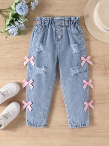 1pc Girls Distressed Tapered Jeans With 3D Bow Decor, Elastic Waist Loose Tapered Denim Pants For Casual Daily Wear - Light Wash - View 1