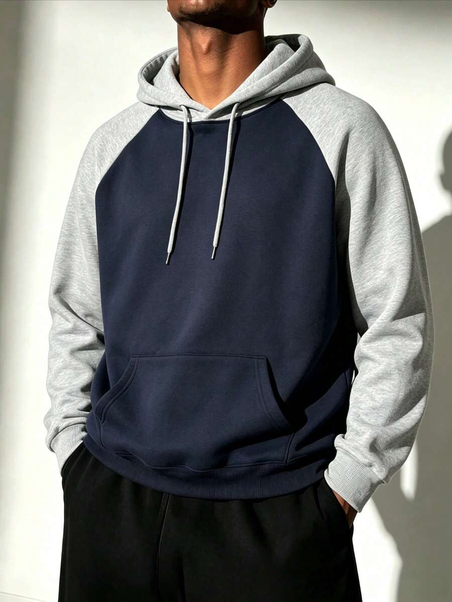 ZYNTH BALENO Men's Loose Drop Shoulder Patchwork Hooded Sweatshirt, Suitable For Sports, Outdoor, Indoor, Classic Solid Color Long Sleeve - Navy Blue - View 1
