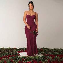 Women's Sexy Vintage Burgundy Spaghetti Strap Fitted Maxi Dress With Ruffle Mesh Detail, Elastic Knit Fabric Formal Evening Gown - Burgundy - View 1
