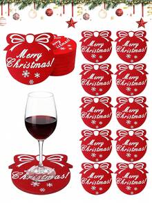Merry Christmas Drink Coasters, Red Snowflake Felt Coasters, Christmas Holiday Tabletop Decoration Coasters, Winter Holiday Party Tableware Decor, Suitable For Home Kitchen Dining Table, Christmas Gift - Red - View 2