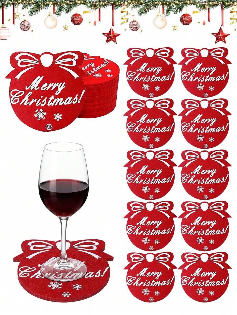 Merry Christmas Drink Coasters, Red Snowflake Felt Coasters, Christmas Holiday Tabletop Decoration Coasters, Winter Holiday Party Tableware Decor, Suitable For Home Kitchen Dining Table, Christmas Gift