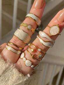 8pcs Fashion Old Money Style Star Moon Sun Oil Drop Rings Set, Asymmetrical Exaggerated Geometric Pattern Stackable Accessories Jewelry For Women, Daily Wear, Dating, Party, Versatile Matching, Perfect Gift For Birthday, Female Friends, Halloween, Christmas - Drip Oil Ring Set - View 2
