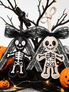 Pu Material Double-Sided Ghost Dark Skeleton Keychain, Lace Bow Pendant, Halloween, Funny Bag Pendant; Y2k Style; Festival Gift - Multicolor - View 1