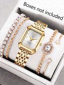 JasonRolls 5pcs Set, Elegant Women's Watch, Fashionable Luxury Gold Square Dial With Unique Design, Numeric Scale, Metal Alloy Strap, Suitable For Daily Wear, Holiday Parties, Back To School, Weddings And Other Occasions, Also The Best Holiday Gift For Girlfriend And Mother - Gold - View 6