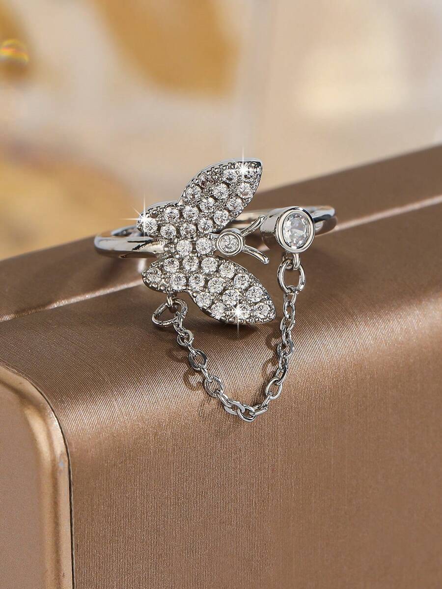 1pc Fashionable Exquisite Copper Inlaid Zirconia Butterfly Ring Women's Jewelry Gift - Silver - View 1