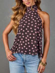 Women's Summer Beach Vacation Style Polka Dot Print Chiffon Sleeveless Halter Neck Top Casual - Red Violet - View 1