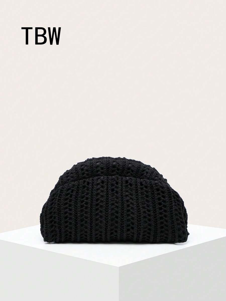 Women's Knitted Handbag, Solid Color, Large Capacity, Classic Retro Buckle Design, Suitable For Vacation And Travel, Crochet Bags - Black - View 1