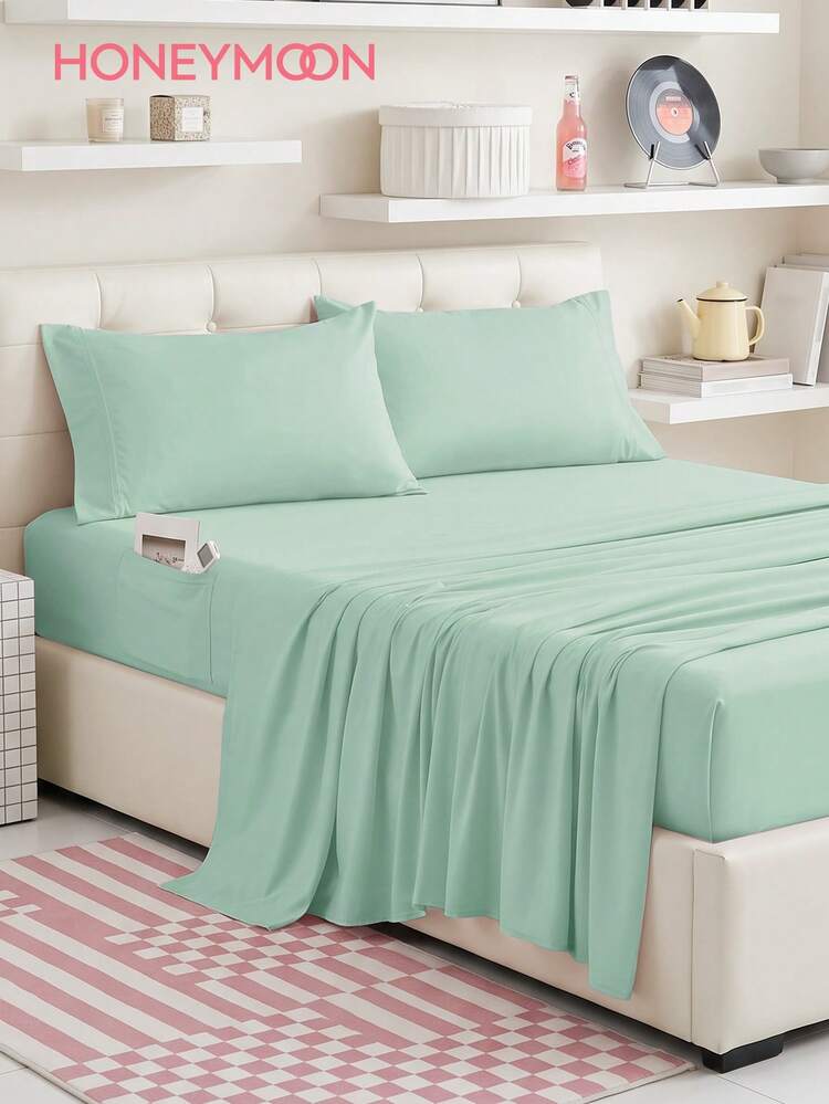 1pc 9.84 Inch Deep Fitted Sheet, Thickened Fitted Sheet With Side Pocket, Soft Flannel Polyester Fabric, Shrink-Resistant And Fade-Resistant, Suitable For Queen/King Size Bed, Can Store TV Remote Control, Space-Saving, Ideal Bedding Choice, Home Essential, Fashionable Bedroom Decor, Wrinkle-Free, Mattress Cover With Pocket, Light Green - Light Green - View 1