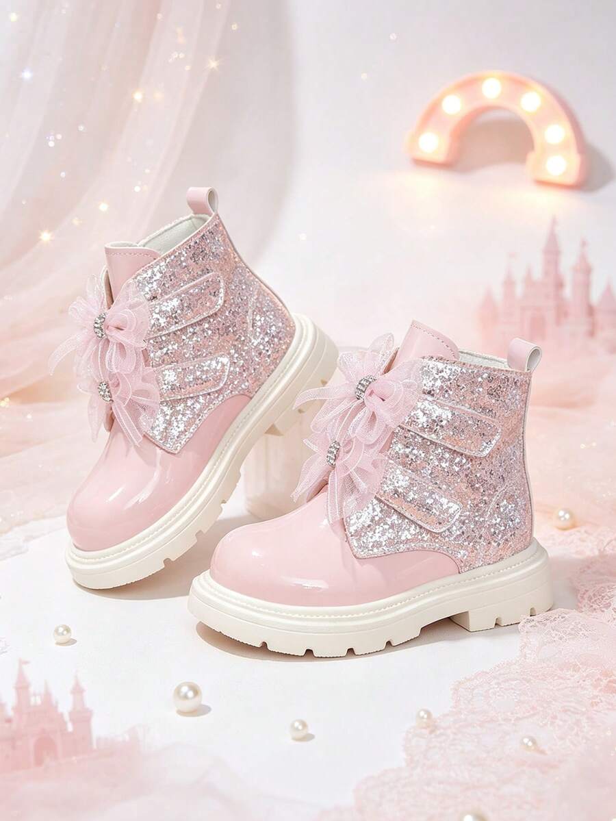 1 Pair Girls' Bowknot Rhinestone Princess Ankle Boots, Silver Pink Glitter + Mesh Bowknot Dual Hook & Loop Design, Dreamy Princess Style Boots, Suitable For School, Festivals, Parties, Autumn/Winter New - Pink - View 1