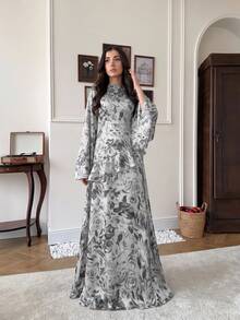 Women's Floral Print Bell Sleeve Satin Long Sleeve Dress - Grey - View 4