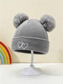 Heart Embroidery Double Pom Pom Baby Knitted Hat, Cute Baby Woolen Hat, Fashionable Versatile Ear Protection Hat - Multicolor - View 9