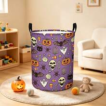 1PC Cartoon Halloween Printed Storage Basket With Handle, Featuring Pumpkin, Skull, Ghost, Bat, Spider, Tombstone, Candy, And Corn Patterns. Suitable For Storing Clothes And Miscellaneous Items, As Well As Halloween Home And Room Decoration. - Purple - View 1