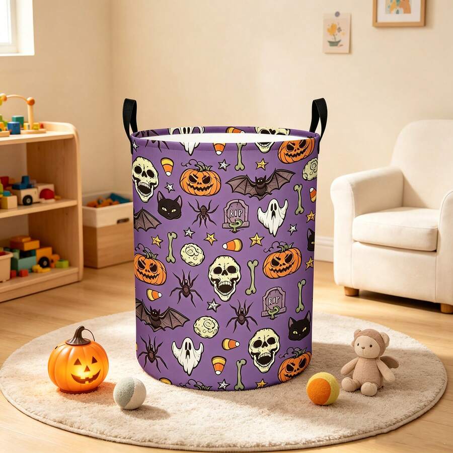 1PC Cartoon Halloween Printed Storage Basket With Handle, Featuring Pumpkin, Skull, Ghost, Bat, Spider, Tombstone, Candy, And Corn Patterns. Suitable For Storing Clothes And Miscellaneous Items, As Well As Halloween Home And Room Decoration. - Purple - View 1
