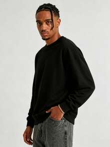 Sweatshirt Pria Klasik, Dasar, Minimalis, Warna Polos, Kerah Bulat - Hitam - View 2