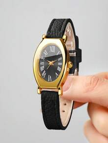 Women's Gift Watch With Embossed PU Leather Strap, Oval Roman Numeral Dial, Luxury Niche Wristwatch, Gift For Best Friend (1pc/Set), Watch Box Not Included - Black - View 3