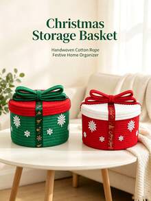 1pc/Christmas Style Hand-Woven Storage Basket, Home Living Room Storage Box, Desktop Organizer For Sundries And Snacks, Suitable For Christmas, Home Decor, Indoor/Outdoor, Party/Party Decoration, Christmas Room Decoration, Christmas Gift, Christmas Party Gift - Multicolor - View 9