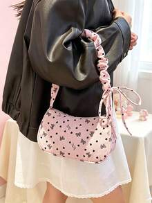 Cute Pink Corduroy One Shoulder Underarm Bag For Girls, Bow & Heart Print Ruched Strap Hobo Bag, Ruched Strap Y2K Style Underarm Bag, Casual Daily Small Bag - Pink - View 5