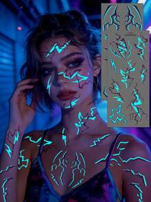 2Sheets Halloween Luminous Temporary Tattoos - Waterproof Blue Lightning & Vein Back Full Arm&Face&Body Art Stickers For Halloween Cosplay & Party Festival Tattoos - Purple - View 11