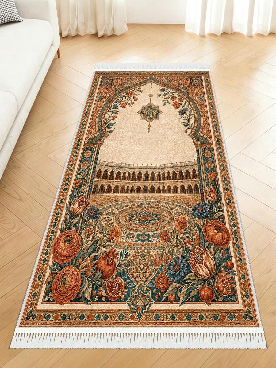 1pc Velvet Printed Ramadan Prayer Mat, Portable Foldable Qibla Blanket, Classic Home Style, Suitable For Ramadan - Orange - View 1