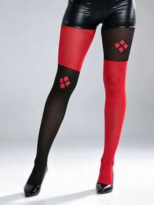 Red & Black Color Block Diamond Pattern Tights, Women's Long Stockings, Suitable For Theme Party Costumes - Red - View 6