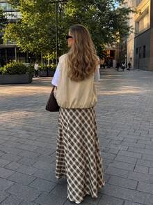 Women's Elegant Casual Green Plaid Long Skirt, Suitable For Office, Vacation, Outings - Olive Green - View 4
