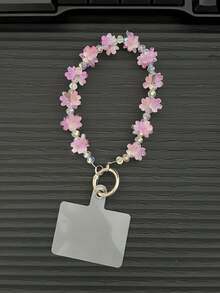 Dreamy Cute Style Macaron Flower Handheld Phone Wrist Chain, Matching Silvery Metal Round Ring Bag Key Pendant, Ethereal Light Portable Decorative Accessory, Suitable For Phone Case, Handbag, Car Key, Earphone Case - Multicolor - View 6