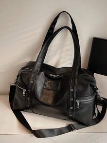 Street Style Fashionable Large Capacity Tote Bag With Multiple Zippered Pockets And Metal Eyelets Decoration Design, Suitable For Daily Commuting - Black - View 10