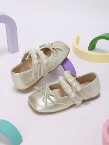 Girls' Light Gold Pearl Bow Hook & Loop Mary Jane Shoes, Playful Style Kids Shoes Suitable For Summer Parties, Shopping And Daily Outings - Gold - View 7