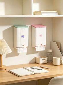 Cute Bow Wall-Mounted Tissue Box, Bathroom Sanitary Napkin Storage Box, Vertical Striped Textured Shell, No-Drill Adhesive Wall Installation. Smooth Dispensing Opening, Can Hold Face Towels And Tissues, Flip-Top Design For Easy Refill. White And Pink Contrast Color Girly Style, Suitable For Bathroom Vanity, Frees Up Countertop Space, Practical Home Storage For Face Towels And Tissues. - Multicolor - View 3
