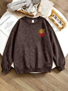 1pc Boys Round Neck Sweatshirt, Printed With Fries And English Pattern, Cute And Playful Style, Warm Autumn/Winter Top, Fashionable Outfit For Boys - Brown - View 3