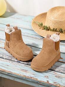 Boys Girls Slip‑On Snow Boots, Elastic Side Gore Plush Thick Lining Wear‑Resistant Gear Thick Sole Fall Winter Cold‑Proof Kids Ankle Boots - Brown - View 4