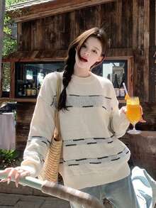 Autumn/Winter Sweet & Cool Round Neck Striped Patchwork Women's Sweater - Apricot - View 7