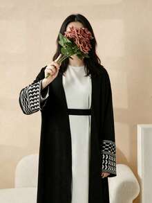 1pc Open Abaya With Embroidered Cuffs, Muslim Islamic Clothing For Women's Daily Wear, Without Headscarf - Multicolor - View 3
