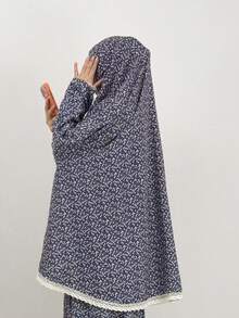 Women's Floral Lace Trim Prayer Abaya Set, Loose Hooded Jilbab With Long Skirt, Muslim Islamic Style Modest Daily Wear - Multicolor - View 12