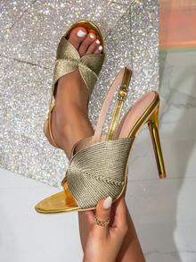 Sandal Hak Tinggi Wanita dengan Hiasan Simpul Kepang Emas di Bagian Depan dan Tali Belakang, Sepatu Pesta dan Pernikahan Hak Tinggi dengan Gesper dan Ujung Terbuka - Emas - View 2