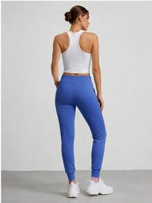 Sweatpants, Elastic Waistband With Drawstrings, Mid-Rise, 2 Pockets, Tapered Legs With Drawstrings, Basic - Blue - View 2