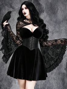 Women's Sexy Gothic Halloween Witch Costume: Deep V-Neck Stretch Velvet Dress With Lace Patchwork And Attached Cape - Black - View 1