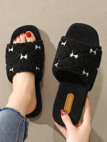Women's Bowknot Flat Slippers, Indoor/Outdoor Fuzzy Plush Open Toe Slides For Autumn/Winter - Black - View 8