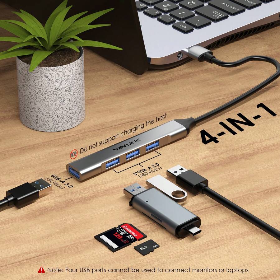 USB 3.0 Hub WAVLINK, 4-Port USB Splitter With 1x 5Gbps + 3x 480Mbps, Aluminum Ultra-Slim Portable Adapter For Laptops/PCs, Plug & Play - View 1