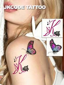 JKCODE TATTOO 2 Pcs Realistic 3D Butterfly With Letter M, Letter A, Letter K, Washable Temporary Tattoo Sticker With Rose And Letter, Shoulder And Arm Tattoos. Sweet, Cool, Romantic Design. Simple, Adorable, And Quirky Colored Print Tattoo Sticker Last 3-5 Days - Multicolor - View 5