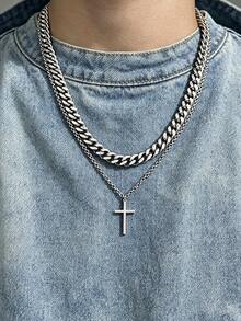 2pcs Cross Charm Necklace, Stainless Steel Jewelry - Silver - View 1